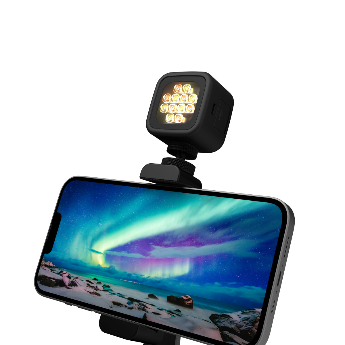 Compact LED Smart Video Light mounted on smartphone for enhanced mobile photography and videography.