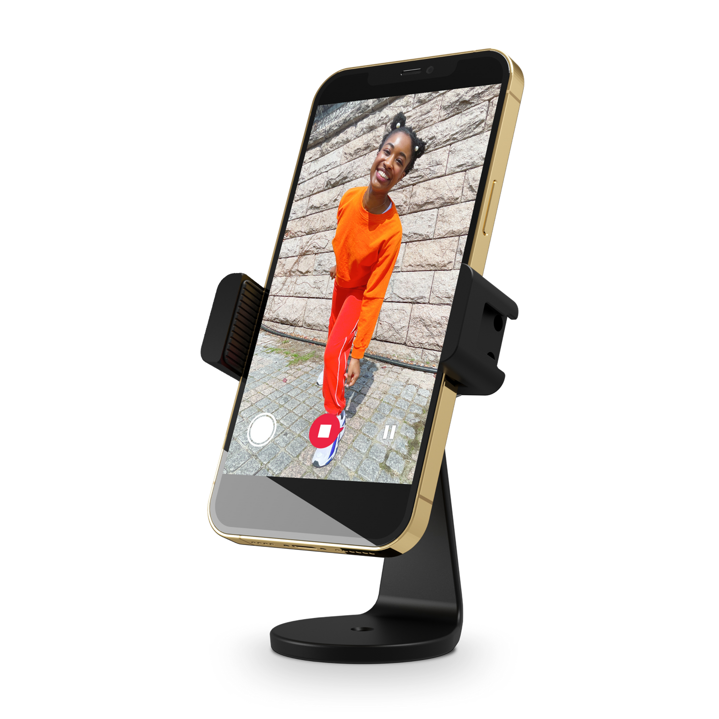 Smart Flexible Mount holding a smartphone in landscape mode, compatible with tripods.