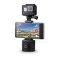 Pivo Action Mount with camera and smartphone attached, featuring universal design and lightweight construction.